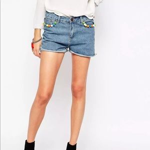 Denim Shorts With Pom Pom Pocket Detail